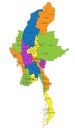 Colorful Myanmar political map with clearly labeled, separated layers.