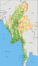 Detailed Myanmar physical map with labeling.