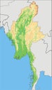 Detailed Myanmar physical map.