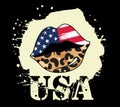 Patriotic leopard print lips, Lipstick kiss with USA flag and animal print texture, USA t-shirt design