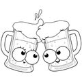 Cartoon beer characters toasting. Vector black and white coloring page