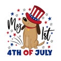 My first 4th of July - cartoon dog in uncle sam hat and with fireworks