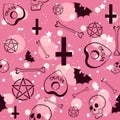 Occult seamless pattern with skulls, bones, ouija planchettes and bats. Pastel goth repeat background with pink wiccan elements.