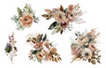 Fall boho blossom floral clipart set of bouquets for wedding. Watercolor autumn bloom flowers arrangements on white background Royalty Free Stock Photo