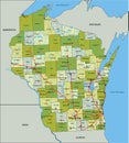 Detailed editable political map with separated layers. Wisconsin.
