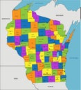 Colorful Wisconsin political map with clearly labeled, separated layers.