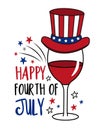 Happy fourth of July - wine glass in american colored hat and with fireworks. 4th of July decoartion Royalty Free Stock Photo