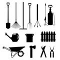 Set of differents garden tools silhouette vector illustration Royalty Free Stock Photo