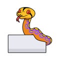 Cute purple albino tiger reticulated python cartoon with blank sign