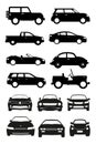 Set of different black cars silhouettes isolated on white background