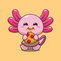 axolotl eating pizza cartoon vector illustration.