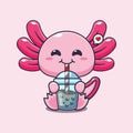 axolotl drink boba milk tea cartoon vector illustration.