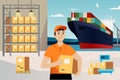 Cargo courier flat illustration logistic concept background container ship transportation