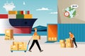 Sea shipping transportation flat illustration logistic company depot container ship cargo export import concept