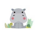 Cute little hippopotamus in the forest, funny cartoon character flat style element icon isolated on white background