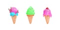 set of ice creams cone tasty watercolor style, Sweet summer delicacy sundaes ice-cream cones Royalty Free Stock Photo