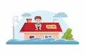 Boy Sitting on The Roof house Surviving Flood Disaster Cartoon illustration vector