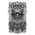 Hand drawn vector owl with ethnic doodle patterned illustration, silhouette. Royalty Free Stock Photo