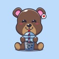 bear drink boba milk tea cartoon vector illustration.