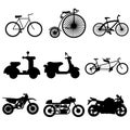 Set of differents Bikes and motorcycles silhouette Royalty Free Stock Photo
