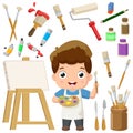 Cute little painter with painting tools elements