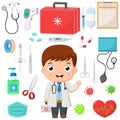 Cute little doctor cartoon with hospital elements