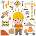 Cute little builder kid with construction tools