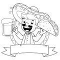 Mexican man holding a cold beer and a taco. Vector black and white coloring page.