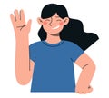 Pretty cheerful woman showing hello sign. Flat vector minimalist illustration of different people