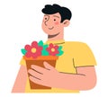 Smiling man with a flower pot in his hands. Flat vector minimalist illustration of different people Royalty Free Stock Photo