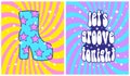 Colorful Groovy Retro 70s Style Vector Prints with Disco Boot.