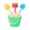 Sand bucket and shovel with rake toy watercolor cartoon on white background vector illustration. Royalty Free Stock Photo