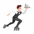 Restaurant Waiters Wear Formal Clothes Carrying Trays of Food and Roller Skates Character Cartoon Vector
