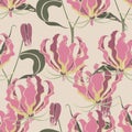 Tropical Leaves and Floral Background - Pink Fire Lily tropical Flowers - Seamless Pattern.