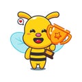 bee holding gold trophy cup cartoon vector illustration. Royalty Free Stock Photo