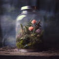 A glass jar terrarium filled with many flowering plants