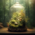 A glass jar terrarium filled with many flowering plants