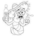 Tequila worm drinking a bottle of tequila. Vector black and white coloring page.