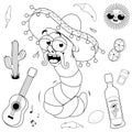 Mariachi tequila worm set. Vector black and white coloring page.