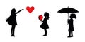 Three Girls Silhouettes with Umbrella, Balloon and Heart.A vector illustration of three girls in different poses silhouettes Royalty Free Stock Photo