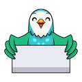 Cute blue turquoise bird cartoon holding blank sign Royalty Free Stock Photo