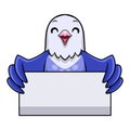 Cute violet love bird cartoon holding blank sign Royalty Free Stock Photo