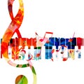 Colorful treble clef musical note symbol with piano keyboard background Royalty Free Stock Photo