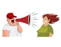 fat guy yelling at a woman with a megaphone