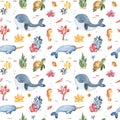 Cute seamless background with turtle,shells,fishes,narwhal,whale,seahorse and corals.Underwater collection.