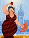 Flamenco dance Spanish xxl woman with a fan and castanets, invitation card Royalty Free Stock Photo