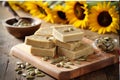 Sunflower halva on a wooden board