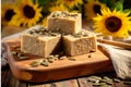 Sunflower halva on a wooden board