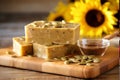 Sunflower halva on a wooden board