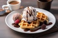 Delicious ice cream with waffles and raspberries Royalty Free Stock Photo